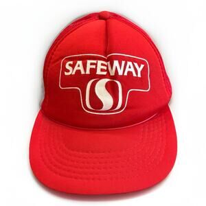 Vintage Yupoong Mens Red Safeway Adjustable SnapBack Trucker Mesh Hat Cap